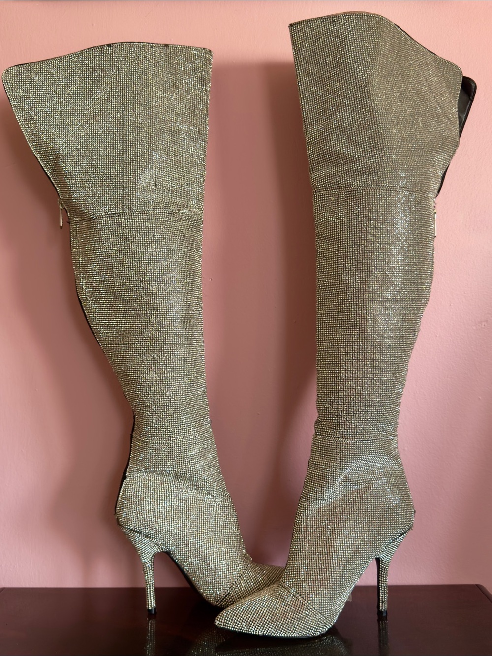 Cape Robbin Crown Rhinestone Thigh High Boots Silver Stiletto 7